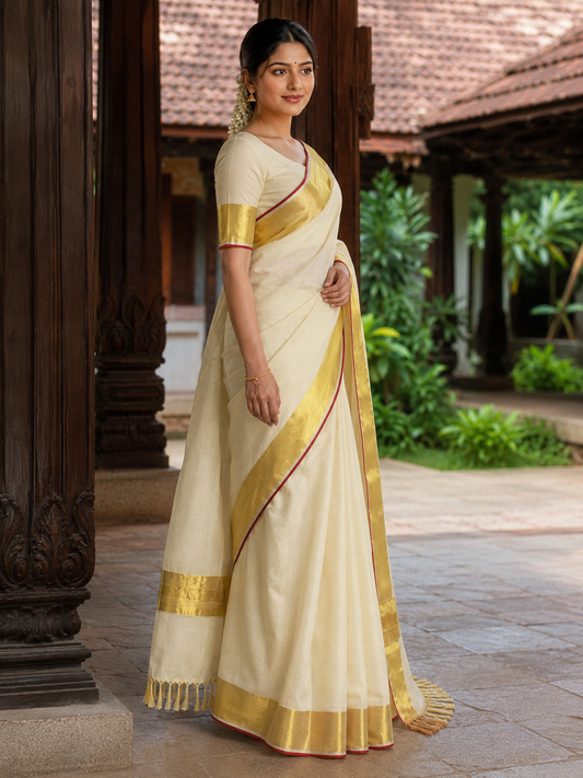 Pure Handloom Plain Saree (100/100 Count) with Running Blouse - SRHKN014