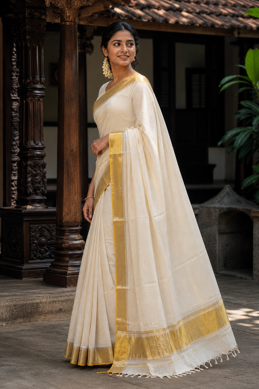 Pure Handloom Plain Saree with Lines (100/100 Count) & Running Blouse - SRHKN015