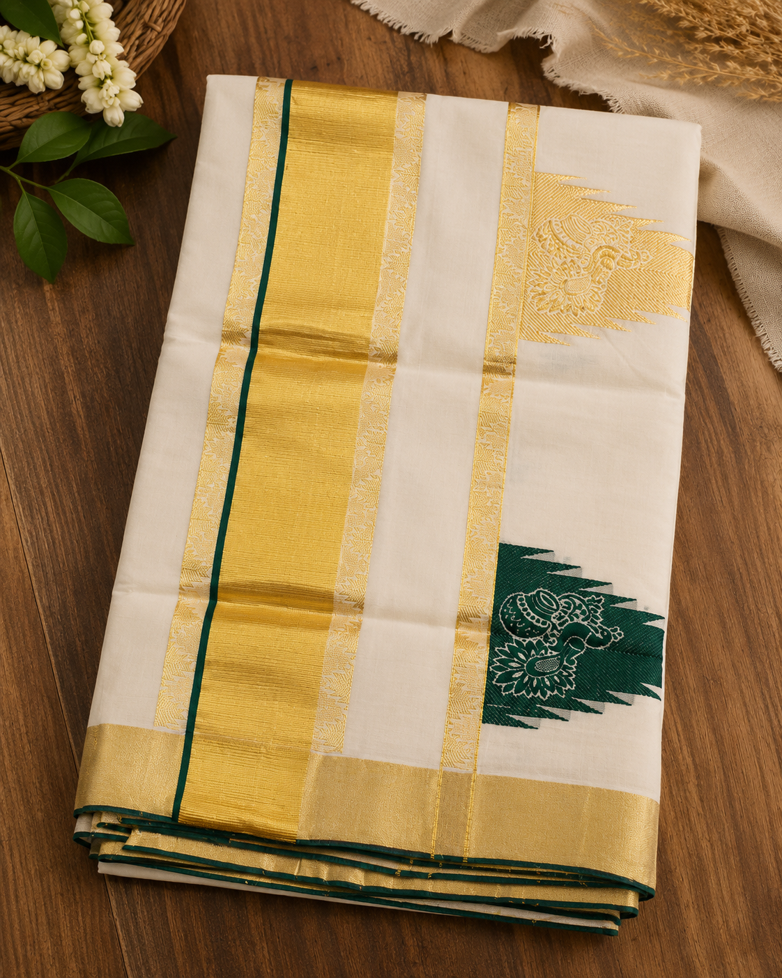 Pure Handloom Temple Design Saree (100/100 Count) with Running Blouse - SRHKN020