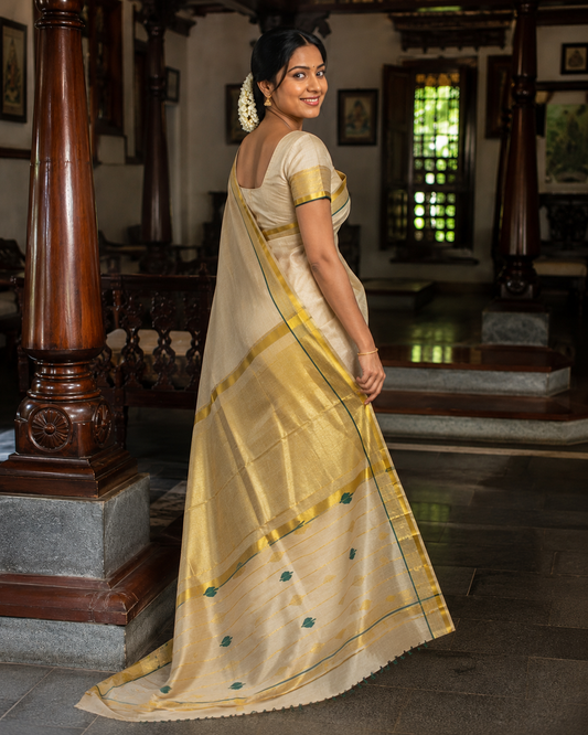 Pure Handloom Tissue Saree – Green Leaf Design with Running Blouse - SRHKL026