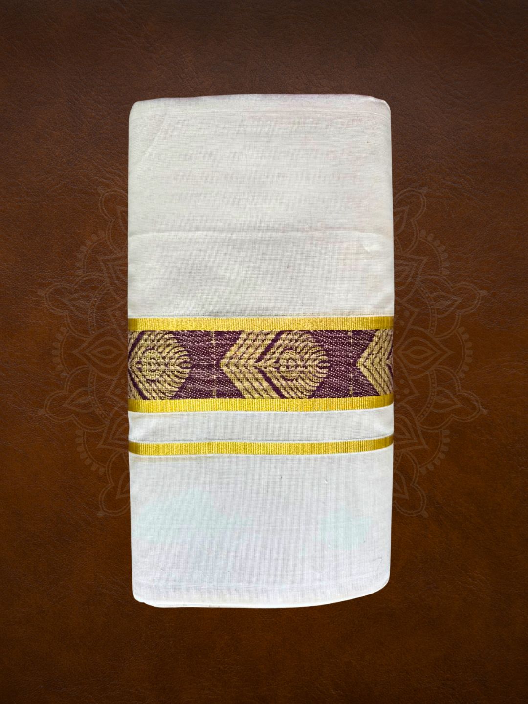 Premium Handloom Gold with Maroon Temple Design Mundu - LHMDB011