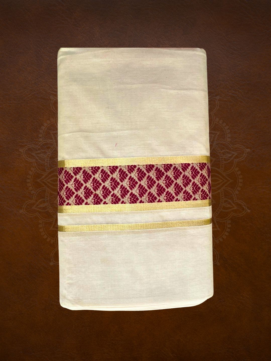 Premium Handloom Golden with Maroon Temple Design Mundu - LHMDB009