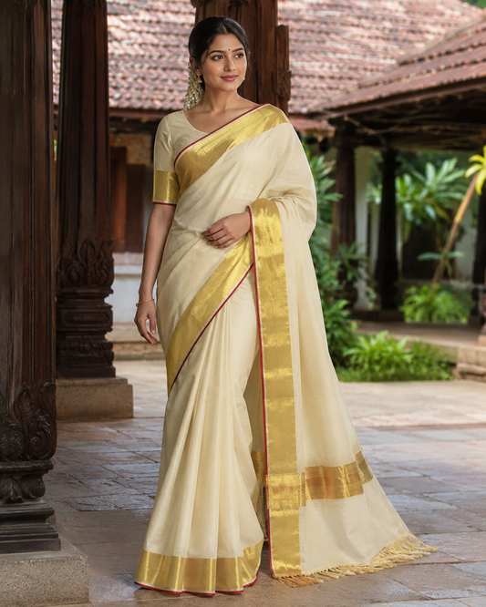 Pure Handloom Plain Saree (100/100 Count) with Running Blouse - SRHKN014