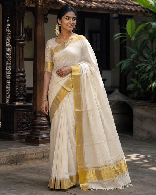 Pure Handloom Plain Saree with Lines (100/100 Count) & Running Blouse - SRHKN015