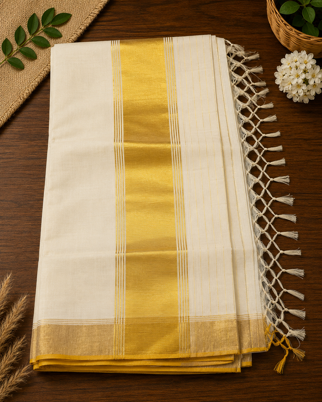 Pure Handloom Plain Saree with Lines (100/100 Count) & Running Blouse - SRHKN015