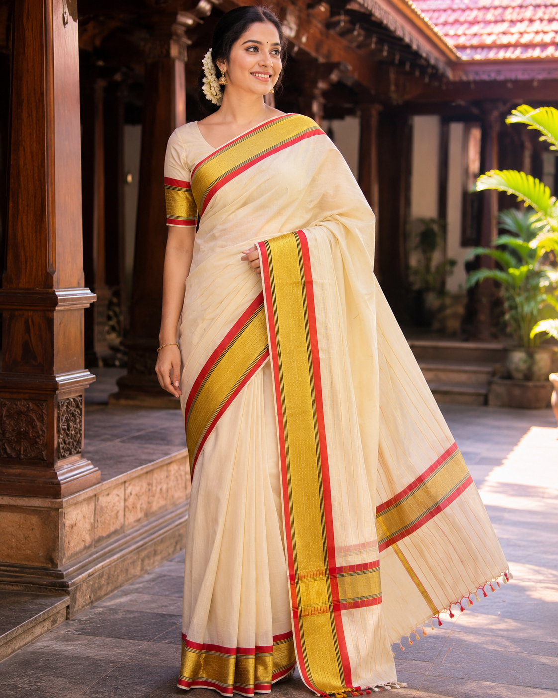 Pure Handloom Karayum Kasavum Saree (100/100 Count) with Running Blouse - SRHKN016