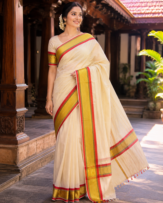 Pure Handloom Karayum Kasavum Saree (100/100 Count) with Running Blouse - SRHKN016