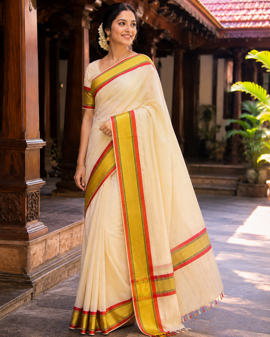 Pure Handloom Karayum Kasavum Saree (100/100 Count) with Running Blouse - SRHKN016