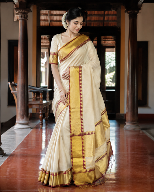 Pure Handloom Temple Design Saree (100/100 Count) with Running Blouse - SRHKN017