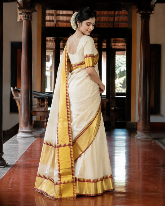 Pure Handloom Temple Design Saree (100/100 Count) with Running Blouse - SRHKN017