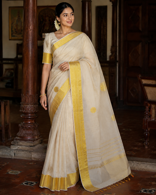 Pure Handloom Polka Design Saree (100/100 Count) with Running Blouse - SRHKN018