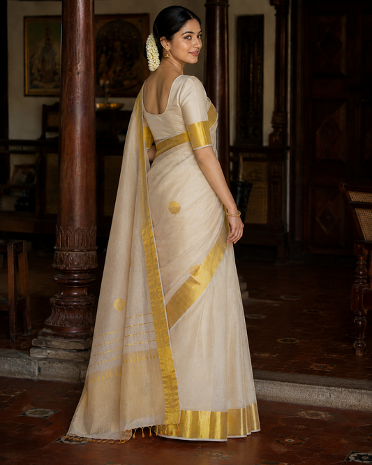 Pure Handloom Polka Design Saree (100/100 Count) with Running Blouse - SRHKN018