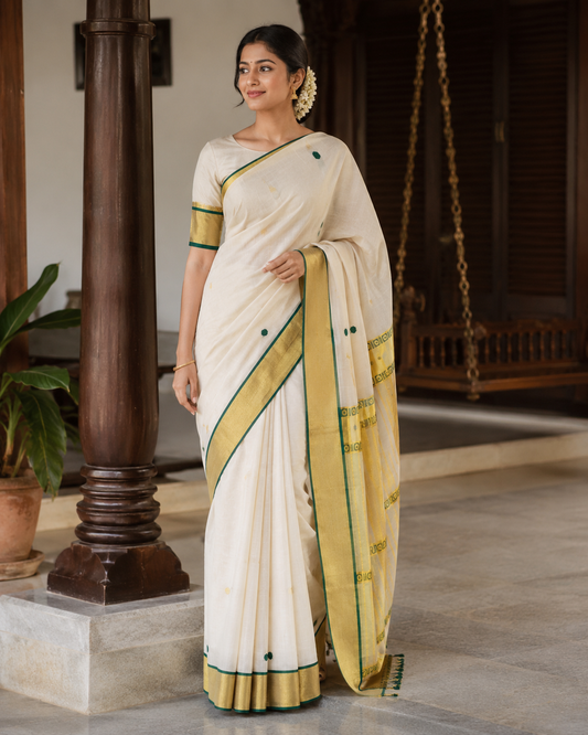 Pure Handloom Green Polka Design Saree (100/100 Count) with Running Blouse - SRHKN019