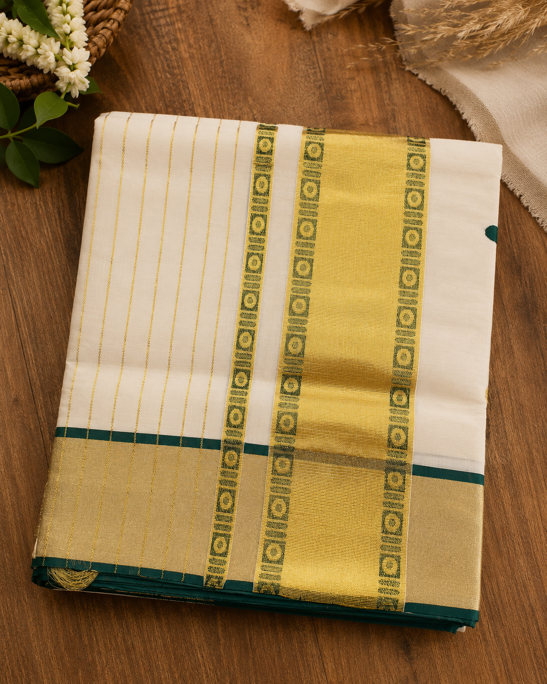 Pure Handloom Green Polka Design Saree (100/100 Count) with Running Blouse - SRHKN019