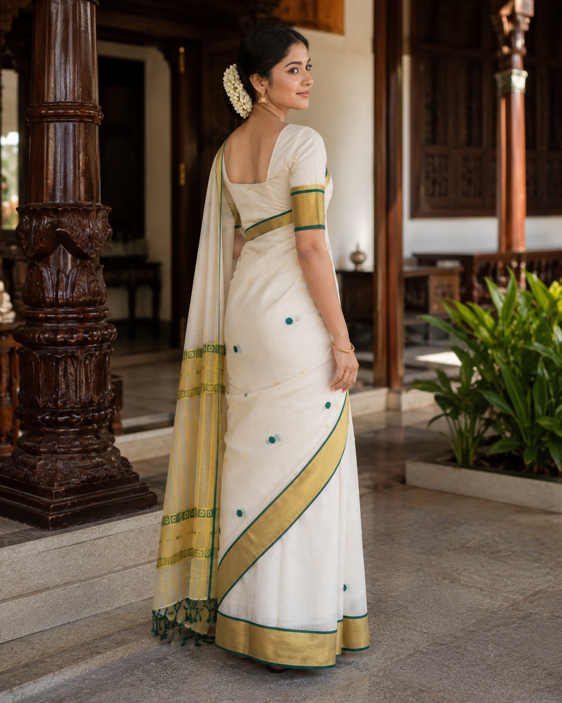 Pure Handloom Green Polka Design Saree (100/100 Count) with Running Blouse - SRHKN019