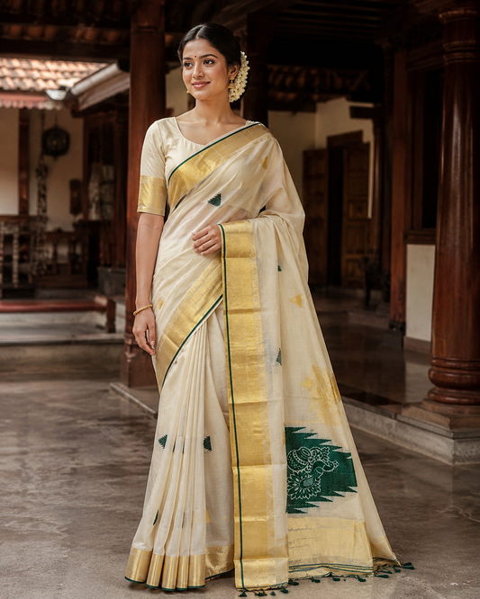 Pure Handloom Temple Design Saree (100/100 Count) with Running Blouse  - SRHKN020