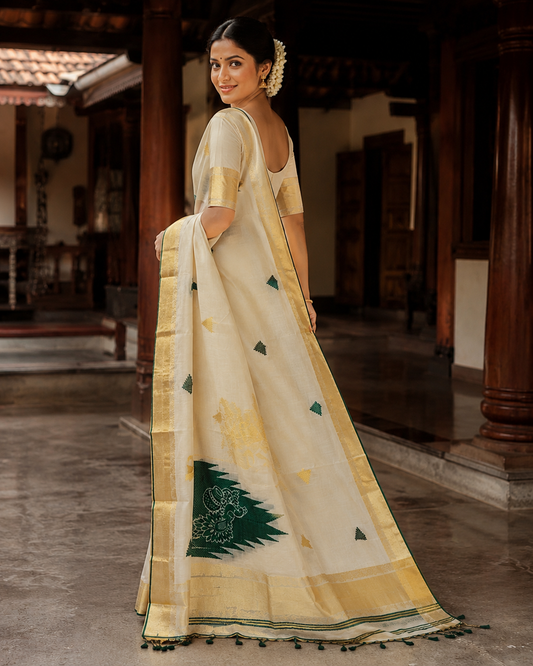 Pure Handloom Temple Design Saree (100/100 Count) with Running Blouse  - SRHKN020