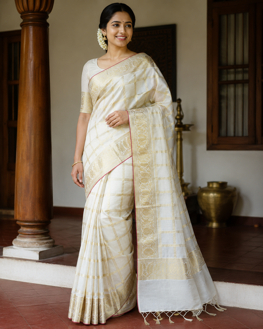Pure Handloom Check Design Saree (100/100 Count) with Running Blouse - SRHKN021
