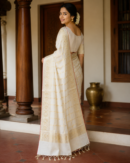 Pure Handloom Check Design Saree (100/100 Count) with Running Blouse - SRHKN021