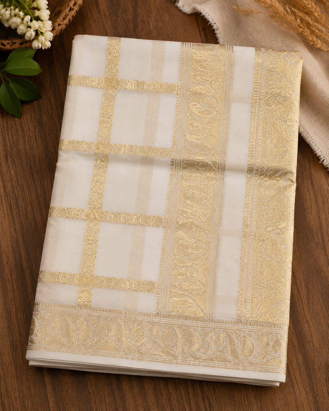 Pure Handloom Check Design Saree (100/100 Count) with Running Blouse - SRHKN021