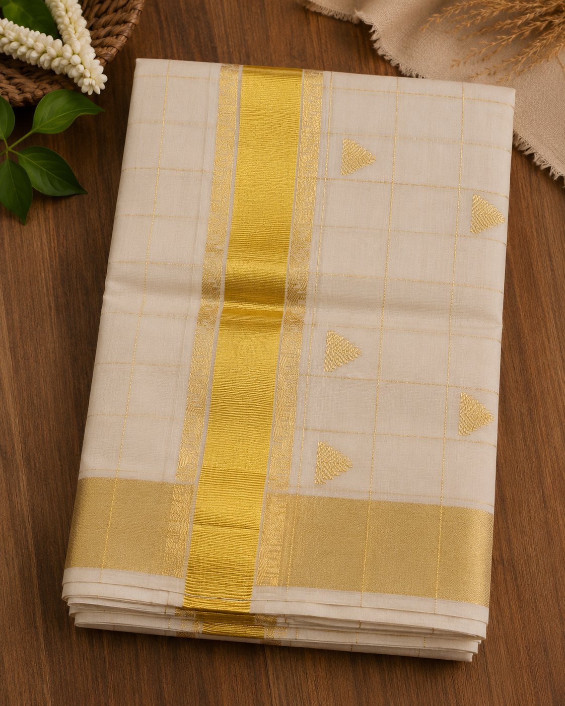 Pure Handloom Check Temple Design Saree (100/100 Count) with Running Blouse - SRHKN024