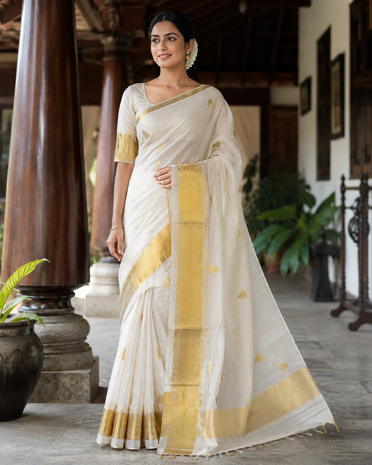 Pure Handloom Check Temple Design Saree (100/100 Count) with Running Blouse - SRHKN024