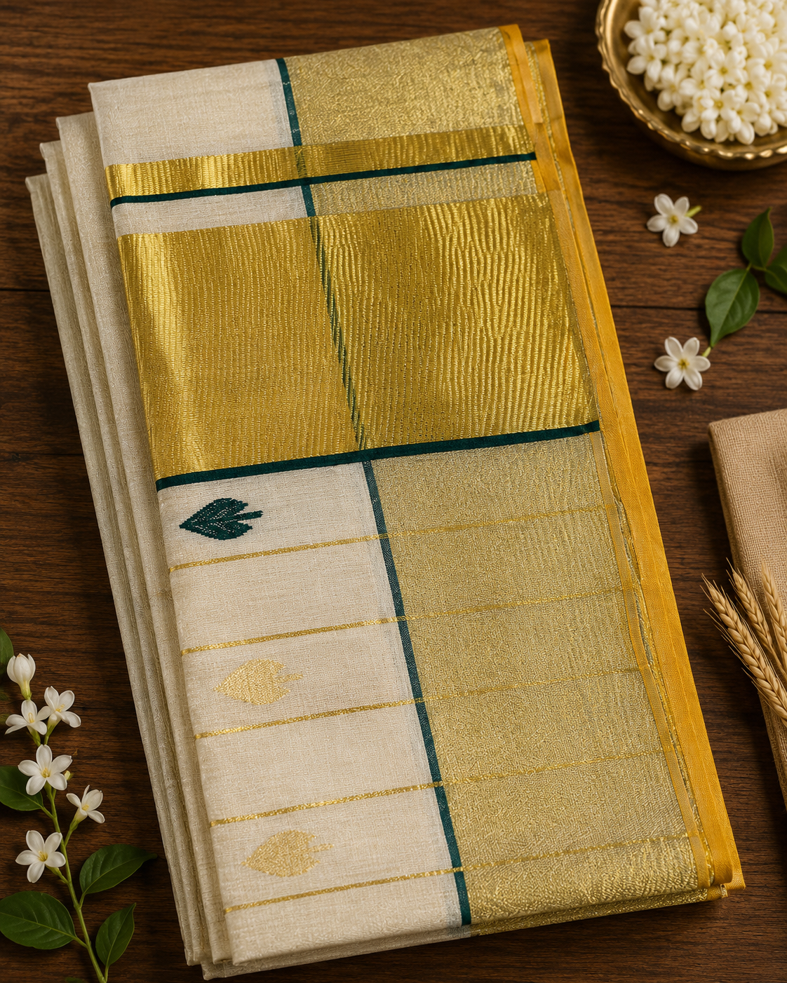 Pure Handloom Tissue Saree – Green Leaf Design with Running Blouse - SRHKL026