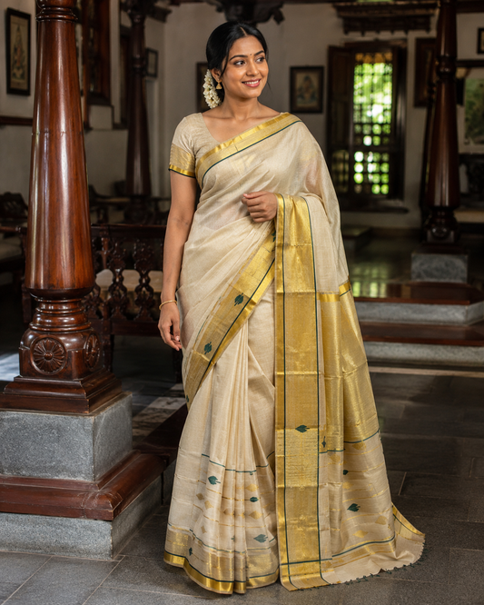 Pure Handloom Tissue Saree – Green Leaf Design with Running Blouse - SRHKL026