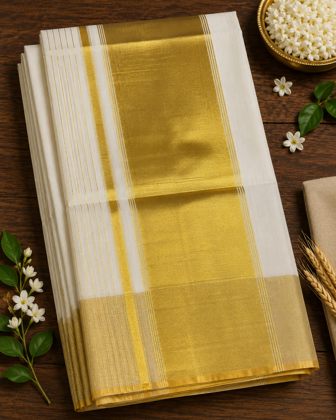 Pure Handloom Big Golden Border Green Temple Design Saree with Running Blouse - SRHKL028