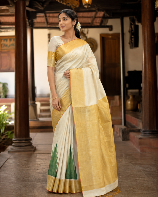 Pure Handloom Big Golden Border Green Temple Design Saree with Running Blouse - SRHKL028