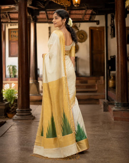 Pure Handloom Big Golden Border Green Temple Design Saree with Running Blouse - SRHKL028