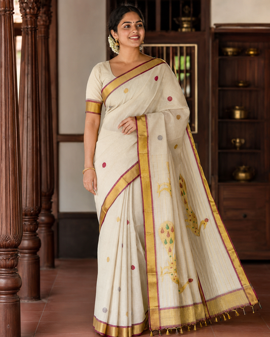Pure Handloom Golden Peacock Saree with Running Blouse - SRHKL029