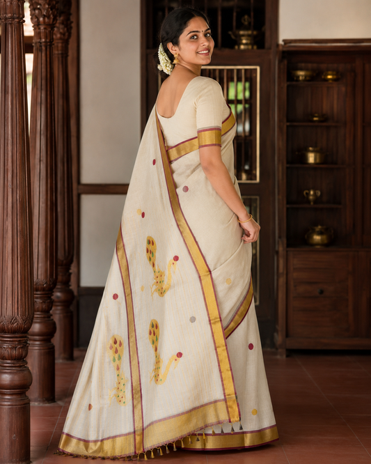 Pure Handloom Golden Peacock Saree with Running Blouse - SRHKL029