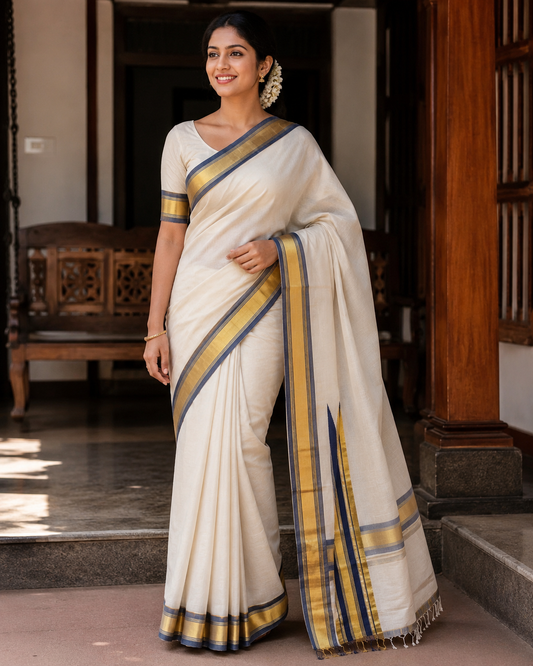 Pure Handloom Dark Blue Gold Chutti Kara Saree with Running Blouse - SRHKL030