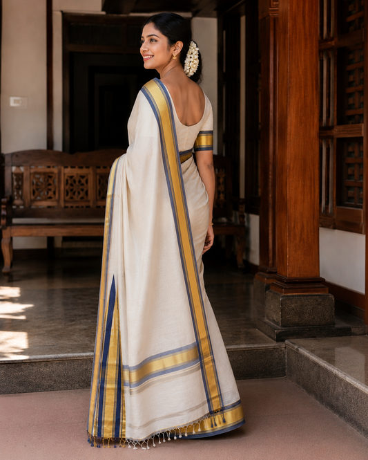 Pure Handloom Dark Blue Gold Chutti Kara Saree with Running Blouse - SRHKL030