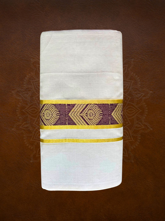 Premium Handloom Gold with Maroon Temple Design Mundu - LHMDB011