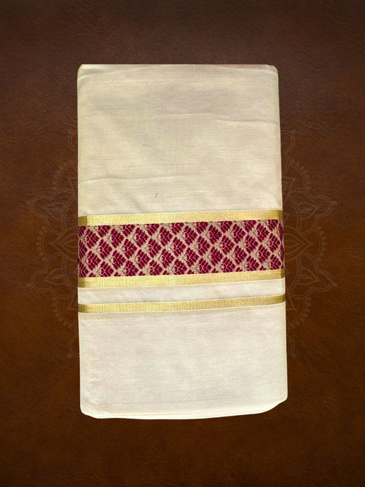 Premium Handloom Golden with Maroon Temple Design Mundu - LHMDB009